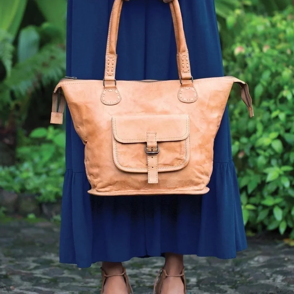 Noonday Collection Rustic Leather Artisan Bohemian Hobo Tote Purse Made In India